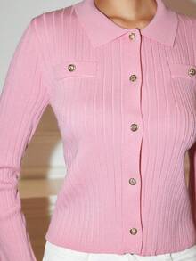 Chiquease Cárdigan casual de mujer de un solo botonadura, de unicolor y de manga larga con costillas - Rosado Sandía - Ver 3