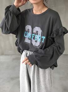FRIFUL Women's Ruffle Splice Round Neck Letter Print Loose Casual Long Sleeve T-Shirt Top - Grey - View 6