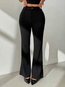 SHEIN PETITE Women's Solid Color Casual Pants Black Flare Pants,Fall Clothes For Women