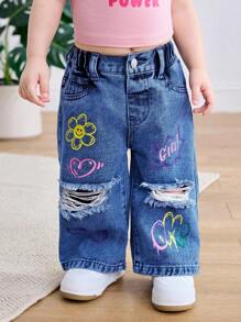 SHEIN 女婴 Y2K 花卉笑脸印花宽松蓝色破洞牛仔裤，春夏休闲度假乡村波西米亚风装 - 深色水洗藍 - 查看 5