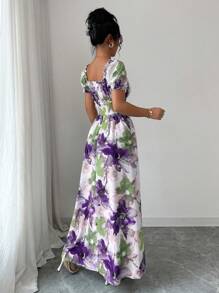 Elenzga Vestido largo con cuello en V y manga corta con estampado floral colorido para mujer