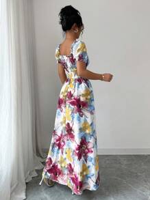 Elenzga Vestido de mujer con estampado floral, cuello en V y manga corta con cierre cruzado delantero
