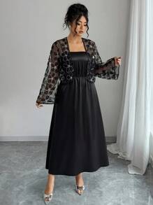 Elenzga Plus Size Summer Elegant Solid Color Camisole Dress And Rhinestone Mesh Jacket 2 Pieces Set Fall Cloth For Women - Black - View 4