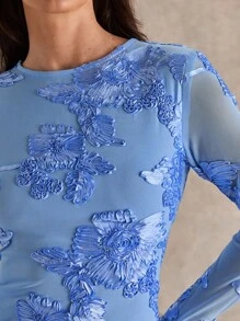 Glamine 女士蓝色纹理提花针织圆领露背喇叭袖迷你连衣裙，浪漫度假、约会、情人节、音乐节、夏季