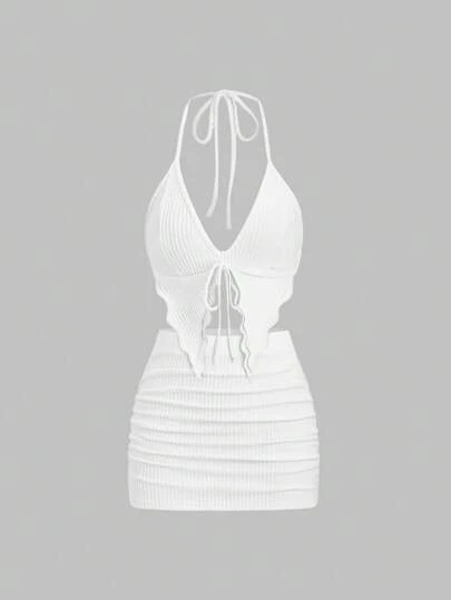 Sweetra Women's Black Y2K Sexy Sequins 2pcs Deep V-Neck Tie Front Camisole & Mini Skirt Set. Suitable For New Year's Eve Parties, Valentine's Date Nights And Any Party Occasions. Cute And Flattering.