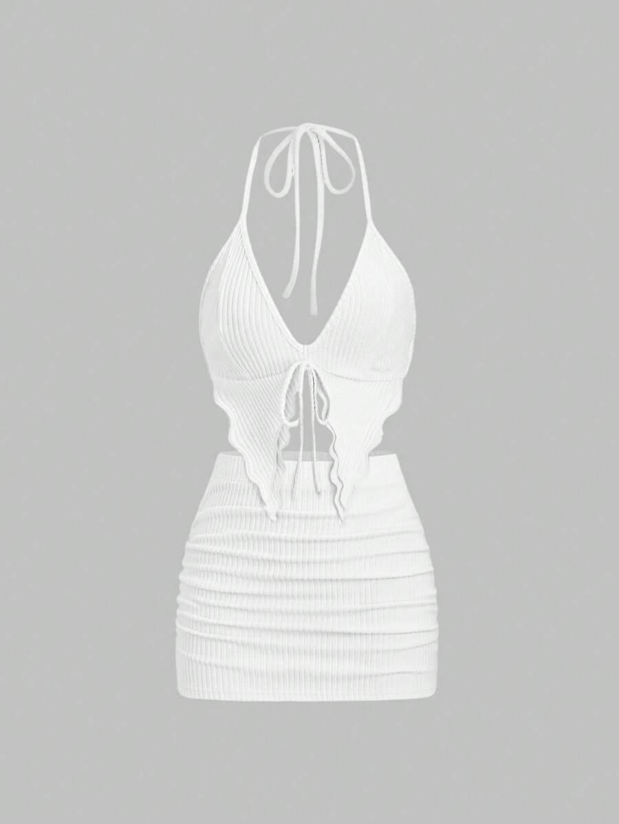 Sweetra 杏色羊毛罗纹针织 V 领露背不对称下摆系带背心和直筒迷你裙 2 件套，超柔软舒适，时尚休闲女装，适合派对、度假 - 白色 - 查看 1