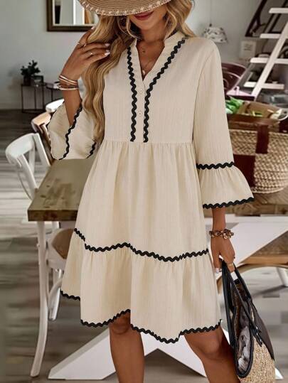 EMERY ROSE Women's Spring/Autumn Notched Neck Contrast Wave Tape Trim Ruffle Hem Loose Short Dress Going Out Dress Modest Dress  Old Money Dress Homecoming Dress Vacation Dress  Casual Dresses For Woman  Fall Women Clothes Fall Clothes Autumn Clothes Teacher Outfits For Women Teacher Outfits For Women Teacher Outfits Dresses For Women Elegant Elegant Dresses For Women Elegant Dresses For Women Office Outfits For Women Casual Dresses For Woman Modest Dresses For Women Modest Dresses Modest Dresses Airport Outfit Women