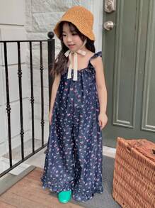 Dazy Kids 年轻女孩夏季休闲碎花连体裤 - 深色水洗藍 - 查看 5