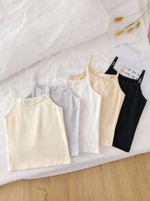 Genkimix Kids 5pcs/Set Girls Young Girl Multicolor Crescent Floral Lace Bow Camisole Vest, Sweet Sports Style Suitable For Inner & Outer Wear Girls Plain Tank Top Girls Tank Tops Multipack Fall Winter - Multicolor - View 4