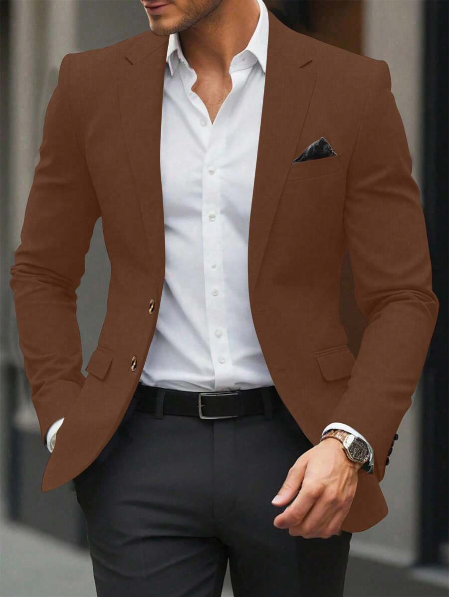 Calvornis Men's Long Sleeve Lapel Neck Business Travel Classy Formal Blazer - Coffee Brown - View 1