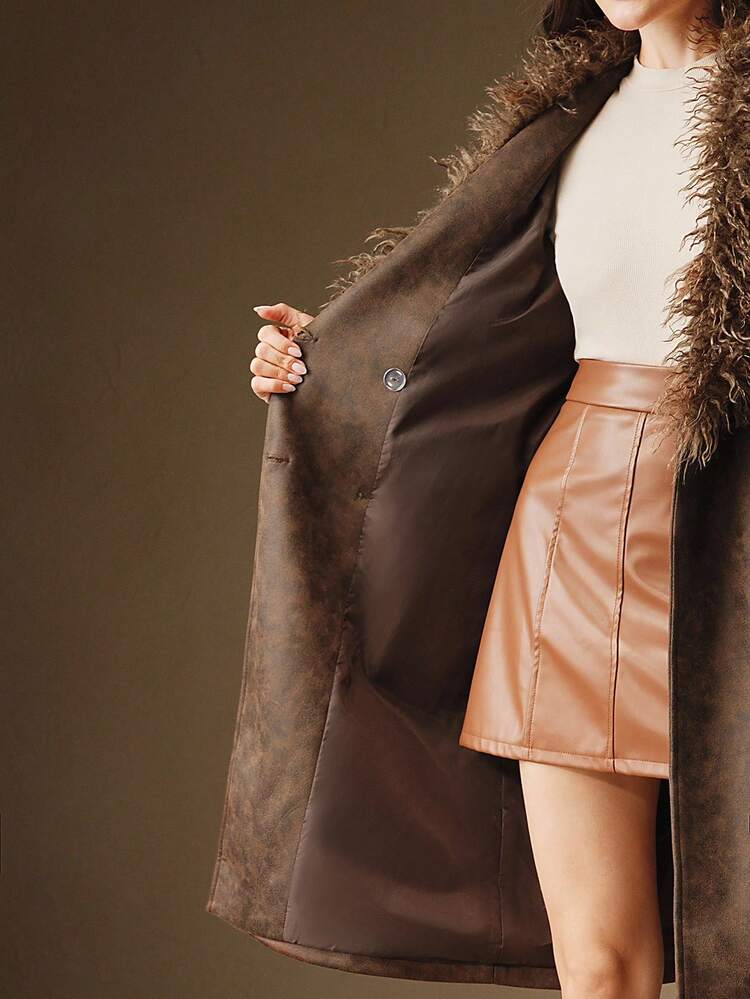 Anewsta Fuzzy Fur Collar Distressed Faux Fur Coat, Autumn/Fall/Winter, Elegant, Formal, Party, Chic, New Year, Christmas, Graduation, Wedding, Brown - Brown - View 8