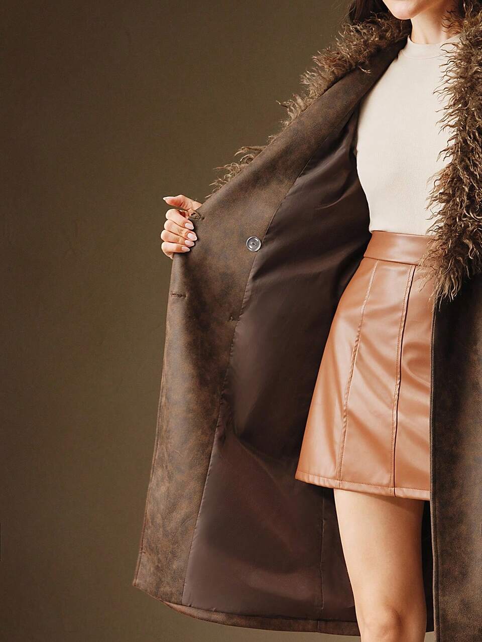 Fuzzy Fur Collar Distressed Faux Fur Coat, Autumn/Fall/Winter, Elegant, Formal, Party, Chic, New Year, Christmas, Graduation, Wedding, Brown