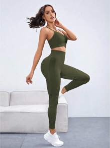 SHEIN Sports 无缝高弹力女士运动瑜伽套装 - 綠色 - 查看 4