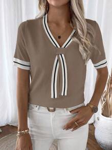 SHEIN LUNE 女士休闲V领短袖针织上衣，夏季 - 卡其色 - 查看 6