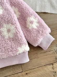 SHEIN 女婴休闲可爱双面花卉羊毛连帽夹克，长袖拉链外套，秋冬 - 粉色 - 查看 8