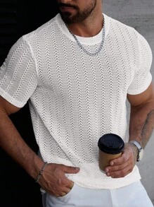 Manfinity Homme Men's Solid Color Crew Neck Short Sleeve T-Shirt, Minimalist & Fashionable, Suitable For Summer, Men Mesh Top Men T Shirts Casual Tops Mesh Men - White - View 3