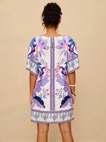 Travachic Plus Size Women Tropical Bohemian Print Loose Fit Round Neck Short Sleeve Casual Dress, Suitable For Autumn,Holiday Outfits For Women - Mauve Purple - View 2