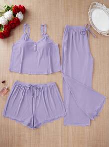 SHEIN Bộ đồ ngủ 3 món ren trơn màu mùa hè cỡ lớn, quần short và quần dài cho nữ, trang phục - Màu tím - Xem 5