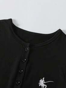 Sparklyn 青少年女孩休闲骑士刺绣纽扣半襟修身长袖 T 恤，春/秋