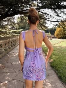 Glamine 彩虹色亮片系带露背优雅女式连衣裙 - 淡紫色 - 查看 2