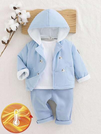 SHEIN Bộ 2 món cho bé trai và bé gái, kiểu dáng thường ngày, màu trơn, áo khoác dài tay hai hàng cúc, có mũ trùm đầu, lót lông dày dặn và quần ống thẳng cạp chun, chất liệu vải nỉ mềm mại, thích hợp cho đi làm, mặc thường ngày, chơi thể thao, từ 6 tháng đến 3 tuổi, quần áo trẻ em, bộ quần áo mùa đông cho bé trai, bộ đồ mùa đông màu xanh dương cho bé trai.