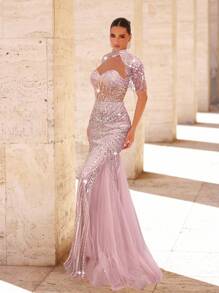 Glamrae Váy đuôi cá lưới đính cườm và sequin sang trọng thanh lịch với thiết kế tay tua rua, thích hợp cho đám cưới, tiệc tùng, vũ hội, tiệc tối (được trang trí nhiều chi tiết) - Bụi hồng - Xem 5