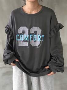 FRIFUL Women's Ruffle Splice Round Neck Letter Print Loose Casual Long Sleeve T-Shirt Top - Grey - View 2