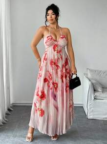 Elenzga Romantisches Maxikleid in Große Größen mit Aquarellmuster in Mehrfarbigkeit, Blumen-Muster, Spaghettiträgern, geraffter Büste, plissiertem Saum, eleganter Freizeitmode für den Urlaub - Verschiedenfarbig - Übersicht 8