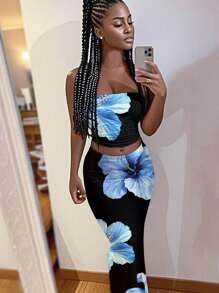 Slaydiva Bộ áo ống và chân váy họa tiết hoa tối giản giản dị mùa xuân/hè 2025, thích hợp cho kỳ nghỉ, tiệc tùng và nông thôn Bộ đồ bơi hai mảnh nhiệt đới Bộ đồ đi biển 2 món dành cho nữ Bộ đồ bơi hai mảnh họa tiết hoa thích hợp để đi chơi - Nhiều màu - Xem 4