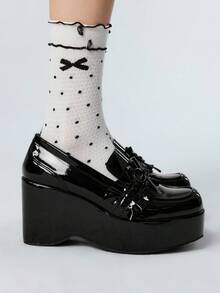 Sugerpunk Women's Round Toe Platform Thick Bottom Black Floral Decor Black PU Glossy Material Fashion Comfortable Daily Party Wear Flats