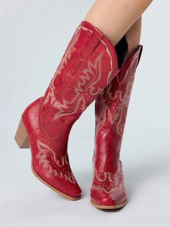 Fairycore Botas de vaquera para mujer, botas altas de estilo western de imitación con costuras y bloques de color, botas de moda casual para montar al aire libre hasta el tobillo