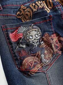 Betty Boop | ROMWE Y2K摩托车卡通人物和美国国旗刺绣喇叭低腰牛仔裤 - 藍色 - 查看 4