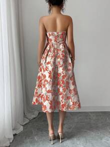 Elenzga Váy midi trễ vai họa tiết hoa thanh lịch thời trang dành cho nữ - Đỏ - Xem 2