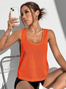 Core Rhythm 字母印花超大圆领时尚透视运动背心，夏季