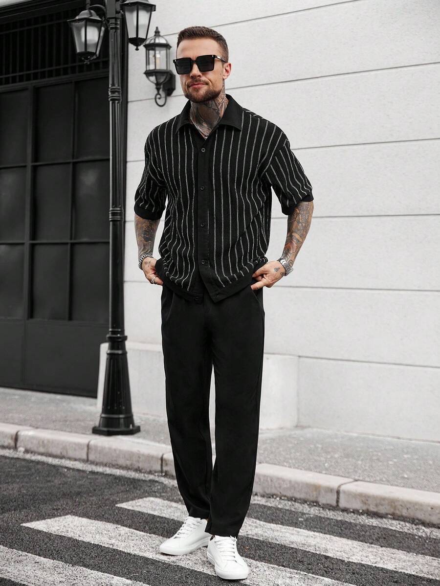 Manfinity CasualCool 男士休闲条纹前扣短袖衬衫和裤子套装,夏季,男士两件套,男士两件套,男士夏季服装男士两件套条纹男士条纹衬衫套装,男士夏季套装,男士夏季服装,男士夏季服装,男士两件套, - 彩色 - 查看 1