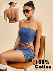 Muvela Women's Retro Denim Tops Sexy Backless Tube Top Suede Fabric Stitching Retro Street Style 100% Cotton Comfortable Denim Barn Style Tops Y2K Music Festival Fall - Medium Wash - View 2