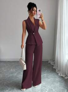 Elenzga Conjunto de oficina elegante para ir al trabajo y tomar el té de la tarde, compuesto por una chaqueta blazer sin mangas con cuello y bajo asimétrico, con decoración de hebilla metálica en la cintura, combinada con pantalones de cintura elástica, conjunto de 2 piezas, para primavera/verano