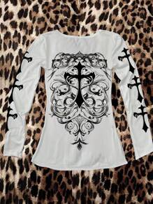 Attitoon 女式 V 领休闲简约朋克十字印花修身舒适白色长袖 T 恤，适合机场穿着的百搭上衣，Y2K 风格秋冬 - 白色 - 查看 2