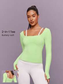 GLOWMODE FeatherFit™ Layer Player Mock 对比色肩带 臀长收腰长袖上衣 低冲击瑜伽普拉提 Barre 健身房工作室日常休闲装 - 綠色 - 查看 1