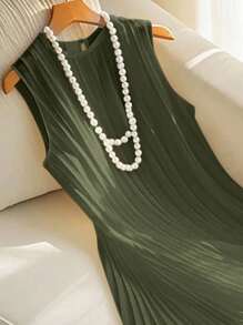 SHEIN Clasi 女士优雅百褶连衣裙，通勤、度假、约会的完美之选 - 橄欖綠 - 查看 4