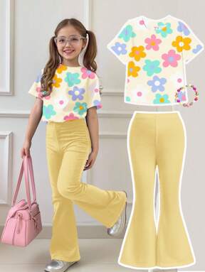 SHEIN 2pcs/Set Young Girl Casual Cartoon Pattern Round Neck Short Sleeve Top And Flare Pants Outfit, Suitable For Summer