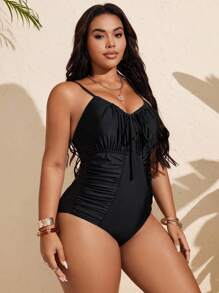 Swim Lushoire Đồ bơi một mảnh hở lưng khoét sâu cổ chữ V màu đen cỡ lớn cho nữ, kỳ nghỉ hè ở bãi biển - màu đen - Xem 4