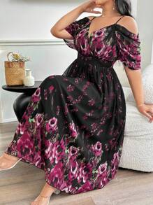 Modelyn Plus Size Women's Floral Print Chiffon Off-Shoulder Belted Maxi Dress - Black - View 4