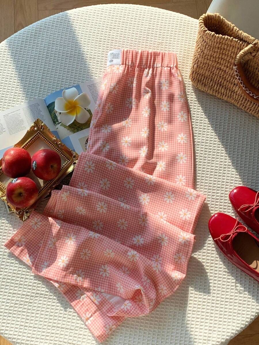 Comfortcana 度假休闲格纹碎花阔腿裤 - 粉色 - 查看 1