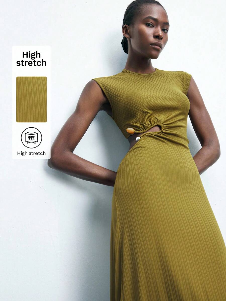 Maija 女式绿色夏季连衣裙，别致纯色竖条纹纹理闪亮面料，腰部褶饰，镂空优雅性感无袖长裙，圣帕特里克节、春假、复活节 - 軍綠色 - 查看 1