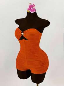 Amplova Plus Size Shell Metal Decor Breast Ruched Bodysuit Romper - Orange - View 3