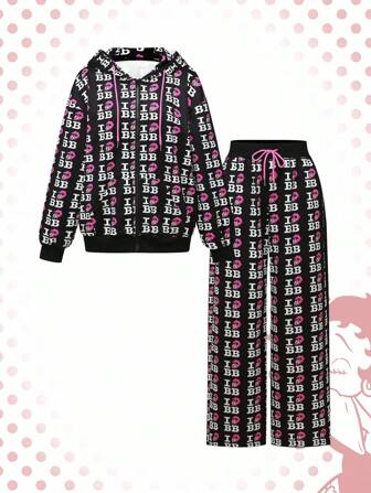 Betty Boop | ROMWE Hot Girl Subculture Street Slogan Allover Print Oversized Streetwear Style Women 2pcs Set: Zip Placket Drawstring Hoodie & Sweatpants