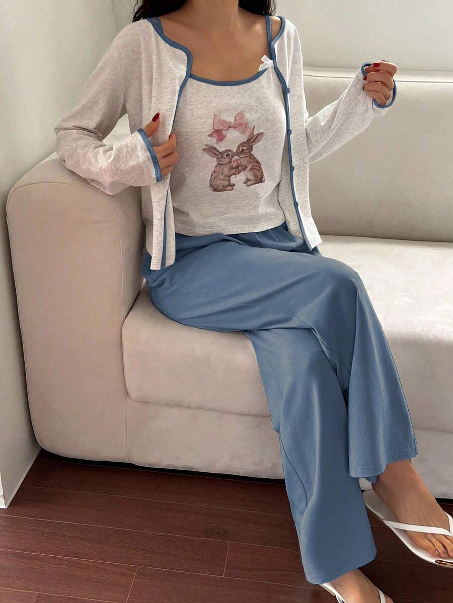 DAZY 3pcs/Set Contrast Color Cute Rabbit Print Cami Top & Button Placket Top & Solid Color Pants Women Pajama Set, Fall Winter Clothes - Dusty Blue - View 1