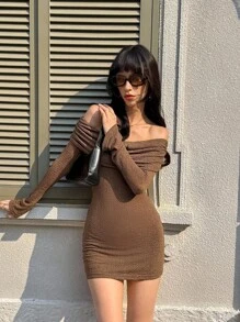 SHEIN Unity Women's Chic Autumn Night Out Mini Dress,All Shades Of Brown Textured Off Shoulder Long Sleeve Flare Sleeve Ruched Front Fitted Spring/Summer Dress - Coffee Brown - View 2