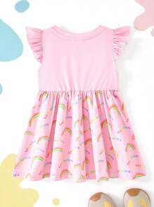 CoComelon X SHEIN 女宝宝甜美卡通图案针织圆领盖袖连衣裙 - 粉色 - 查看 2